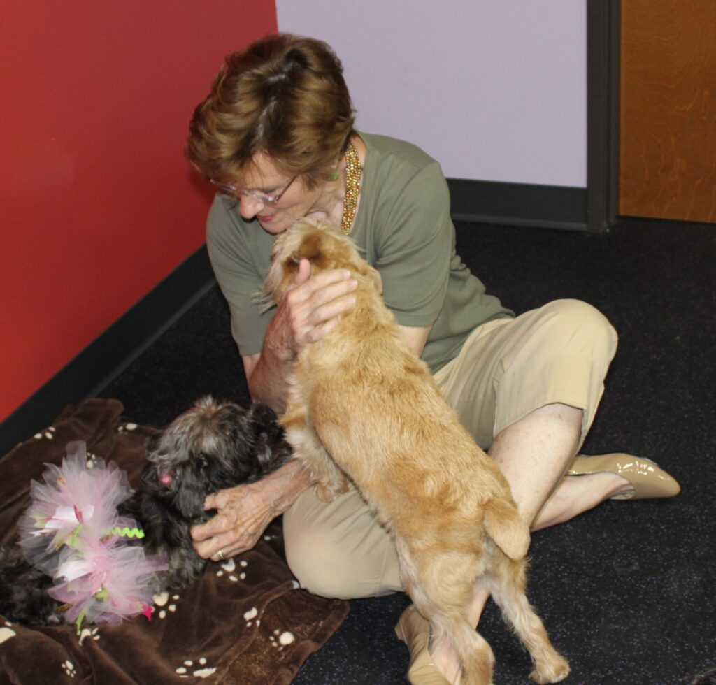 A woman and her dog wearing matching shirts.