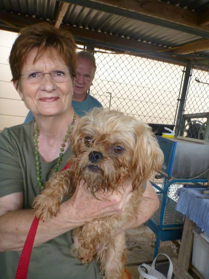 A woman holding a dog in her arms.