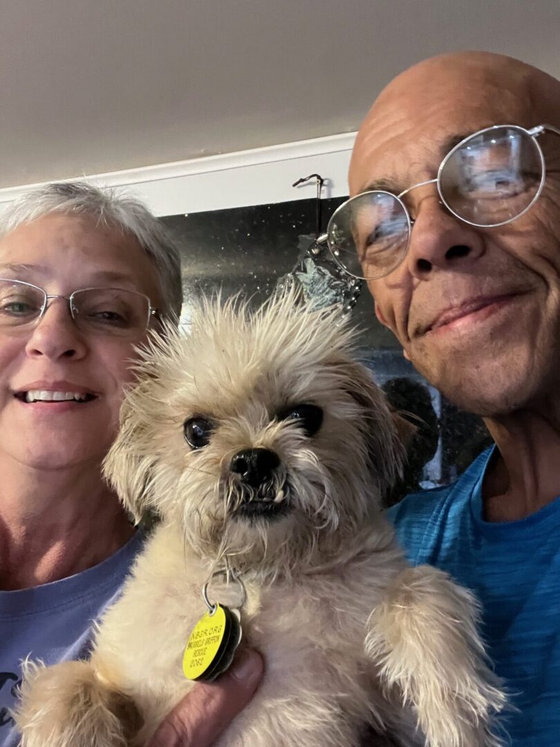 A man and woman holding a dog in front of a camera.